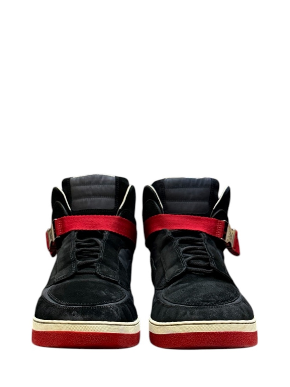 LOUIS VUITTON - BLACK RED GRAY WHITE NYLON SUEDE “SLIPSTREAM” HIGH TOP SNEAKERS - Picture 2 of 15